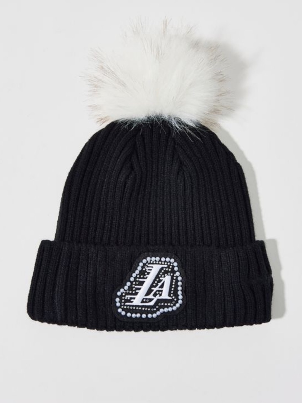 Los Angeles Lakers Pearl Beanie Black Pom Rhinestone LA Logo Embroidered - Picture 4 of 6